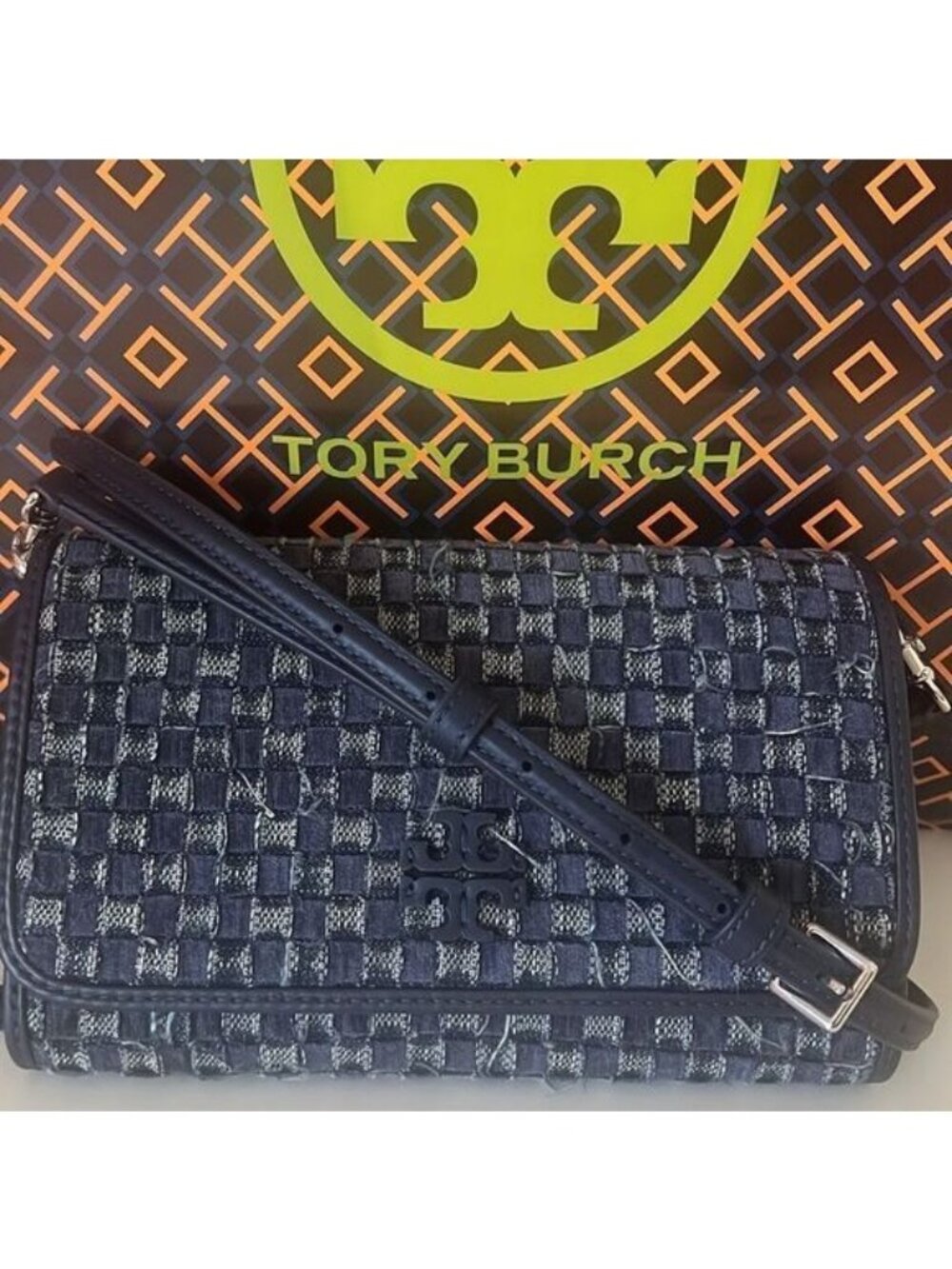 Tory Burch Thea Denim Navy Woven Flat Wallet Crossbody Bag NWT